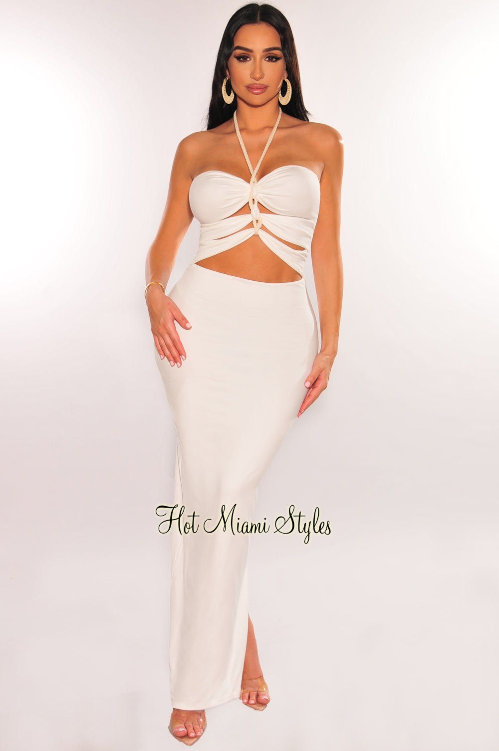 White Halter Braided Rope Cut Out Maxi Dress sold by Hot Miami Styles