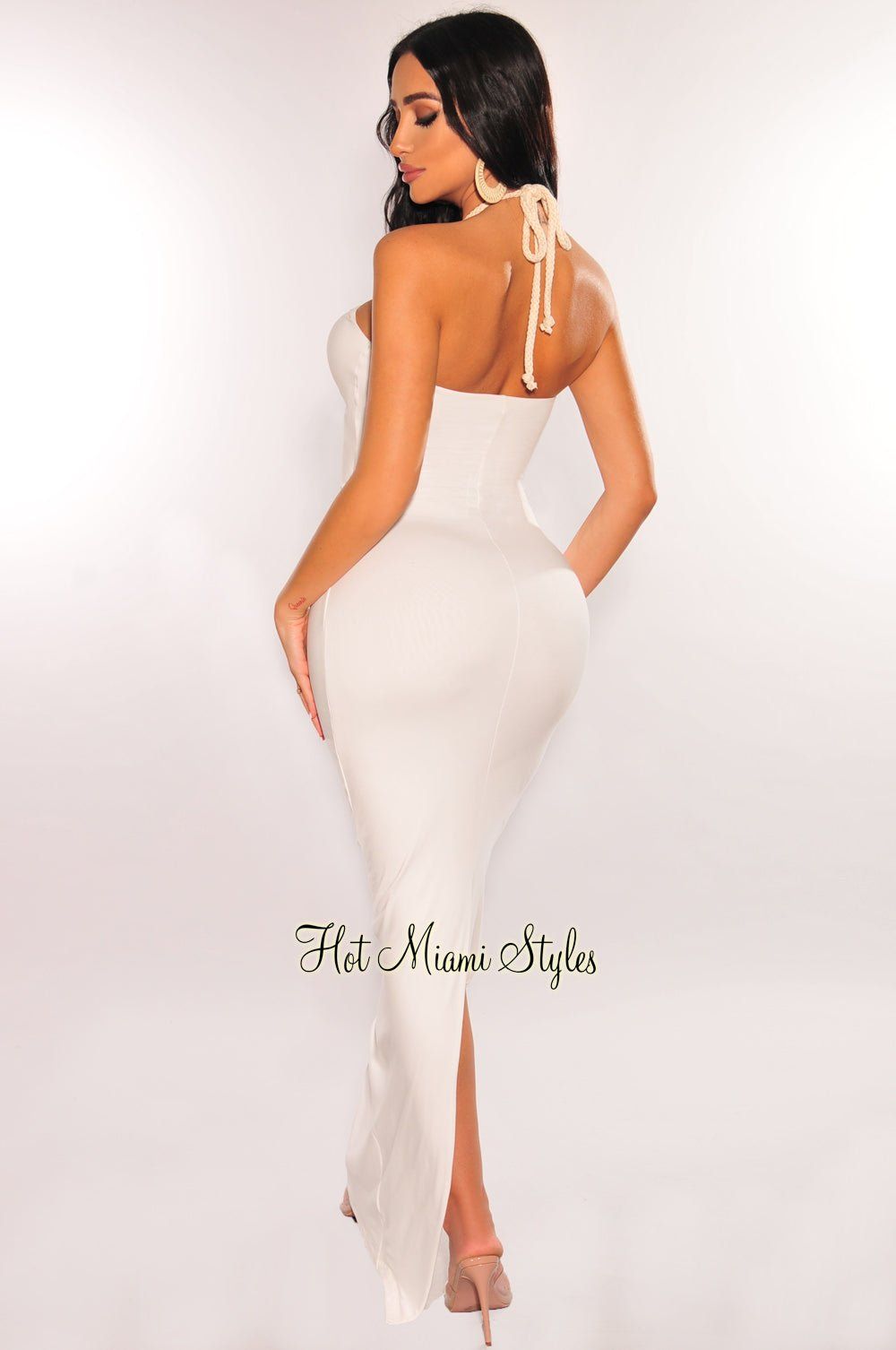White Halter Braided Rope Cut Out Maxi Dress sold by Hot Miami Styles product image thumbnail 2