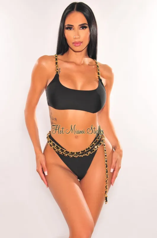 Black Gold Chain Straps Belted Scrunch Butt Bikini sold by Hot Miami Styles
