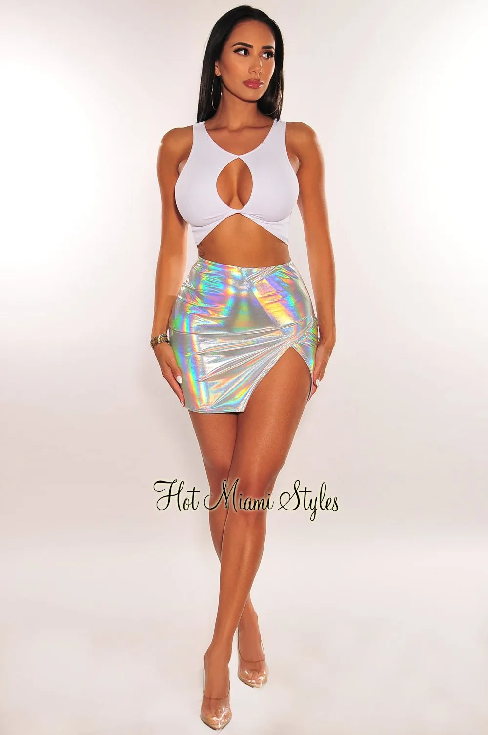 Silver Chrome Holographic Slit Mini Skirt sold by Hot Miami Styles product image thumbnail 2