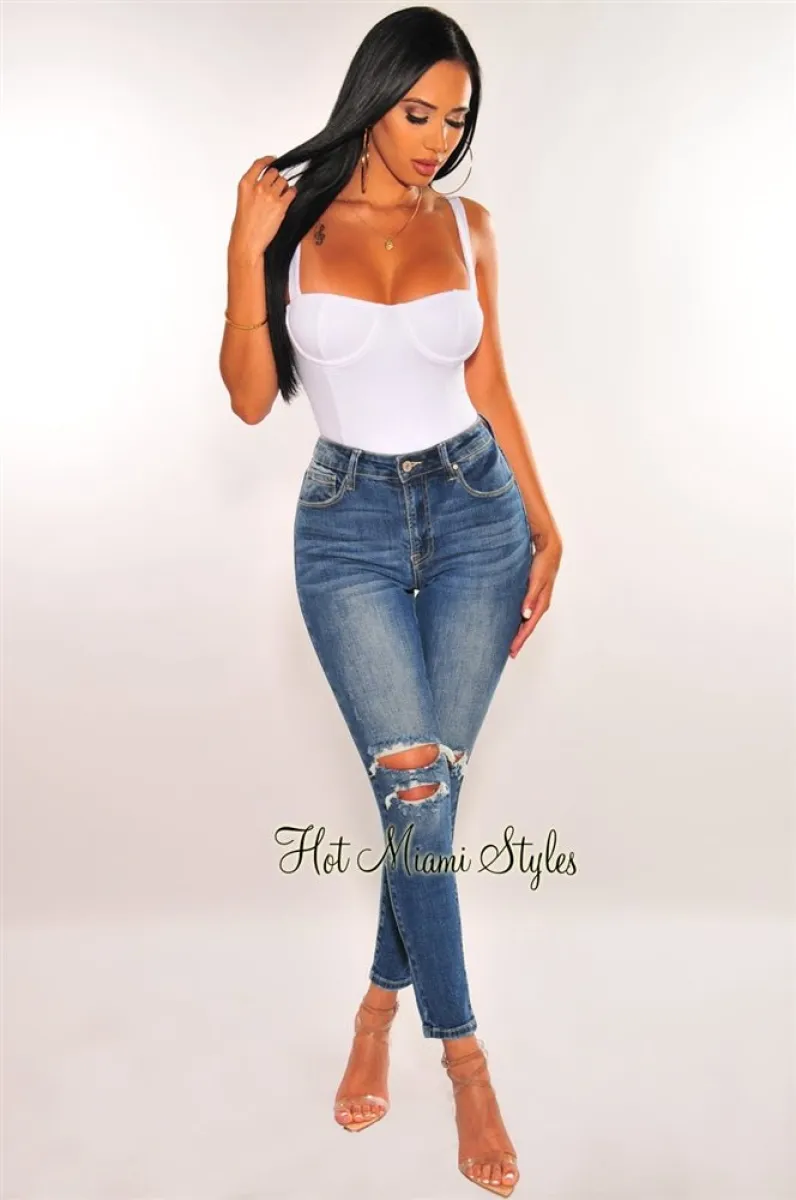 Dark Blue Denim Ripped Ankle Skinny Jeans sold by Hot Miami Styles