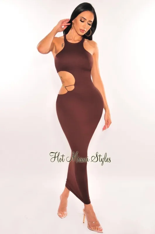 Chocolate Sleeveless Gold Chain Cut Out Midi Dress sold by Hot Miami Styles