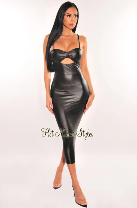 Black Faux Leather Spaghetti Straps Knotted Cut Out Midi Dress sold by Hot Miami Styles