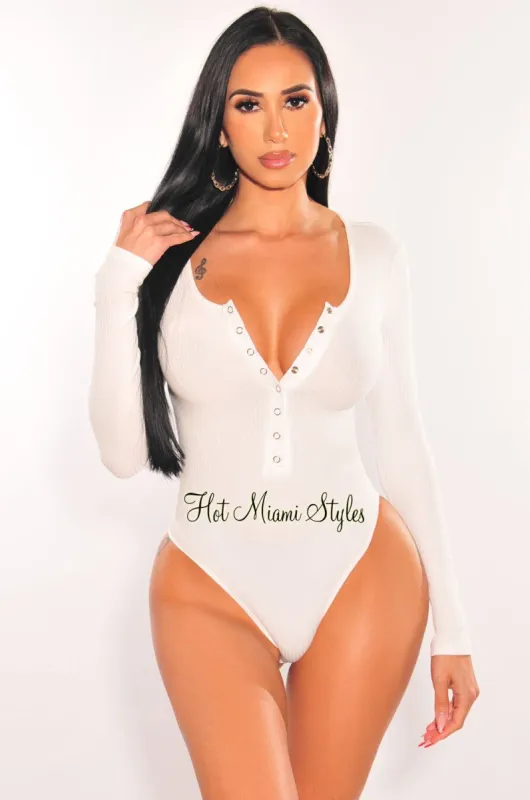 White Ribbed Round Neck Long Sleeve Snap Button Up Bodysuit sold by Hot Miami Styles