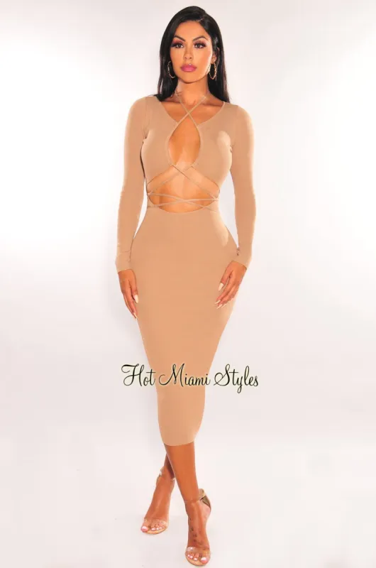Nude Ribbed Knit Keyhole Cut Out Long Sleeve Midi Dress sold by Hot Miami Styles