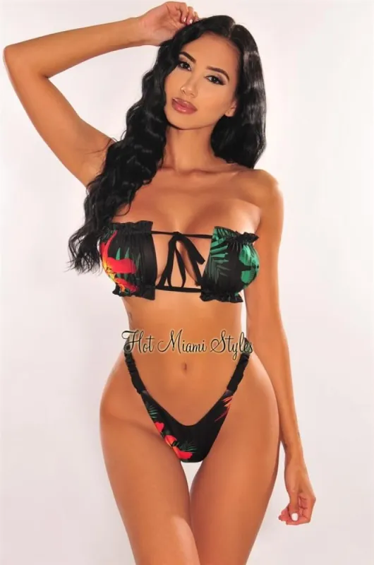Black Tropical Print Ruched Bust Frill Bandeau Bikini Bottom sold by Hot Miami Styles