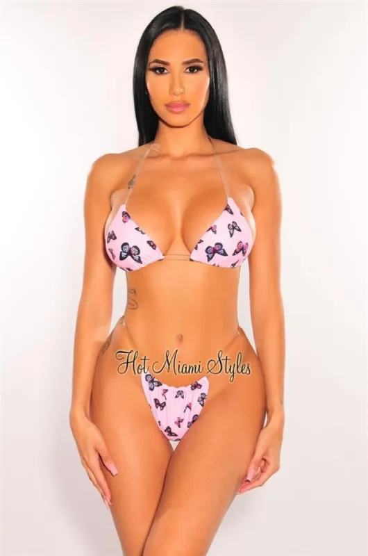 Pink Butterfly Print Padded Halter Clear Strap Bikini Top sold by Hot Miami Styles