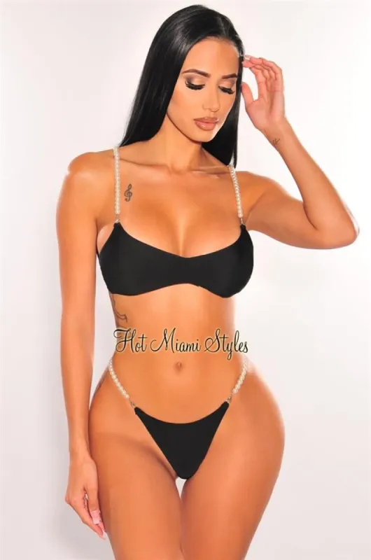 Black Pearl Straps Scoop Neck Scrunch Butt Bikini Top sold by Hot Miami Styles
