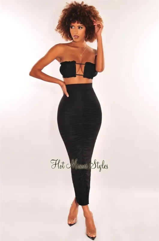 Black Ruched High Waist Maxi Skirt sold by Hot Miami Styles
