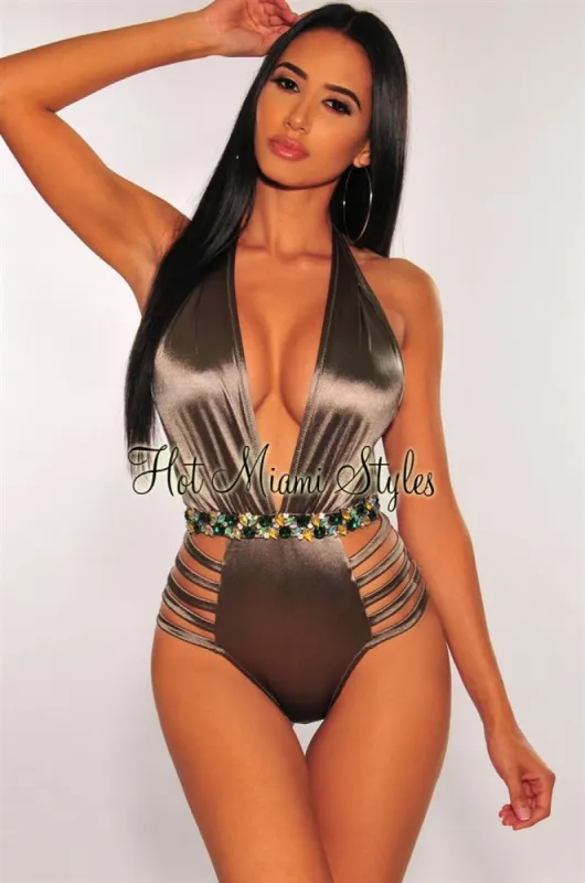 Smoke Halter Rhinestone Strappy Sides Swimsuit sold by Hot Miami Styles