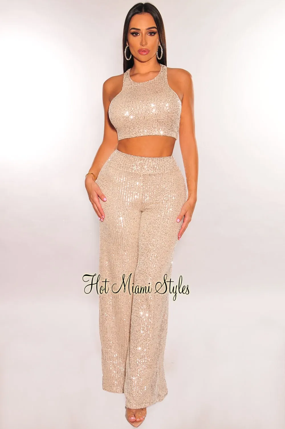 Champagne Sequins Halter Pants Two Piece Set sold by Hot Miami Styles