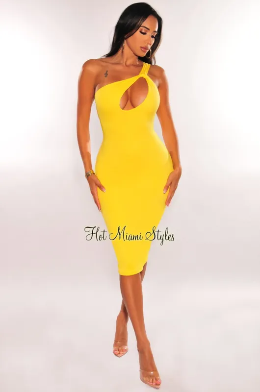 Yellow One Shoulder Strap Keyhole Cut Out Midi Dress sold by Hot Miami Styles
