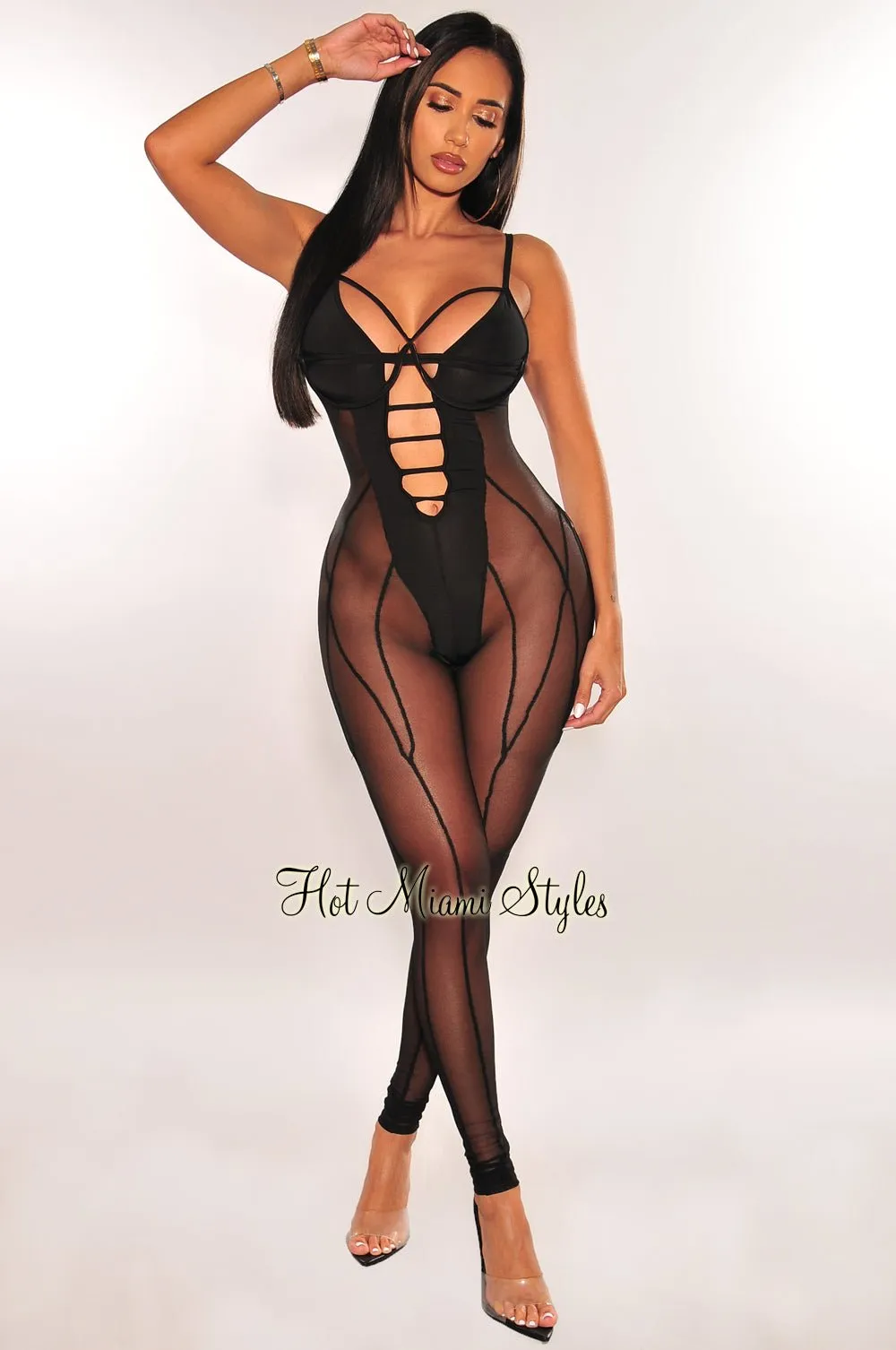 Black Mesh Spaghetti Strap Underwire Strappy Jumpsuit sold by Hot Miami Styles