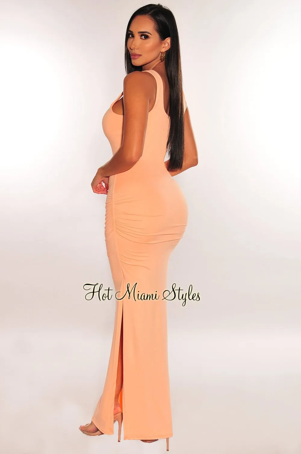 Peach Ruched Sides Slit Maxi Dress sold by Hot Miami Styles product image thumbnail 2