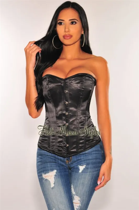 Black Satin Boned Busk Corset Top sold by Hot Miami Styles