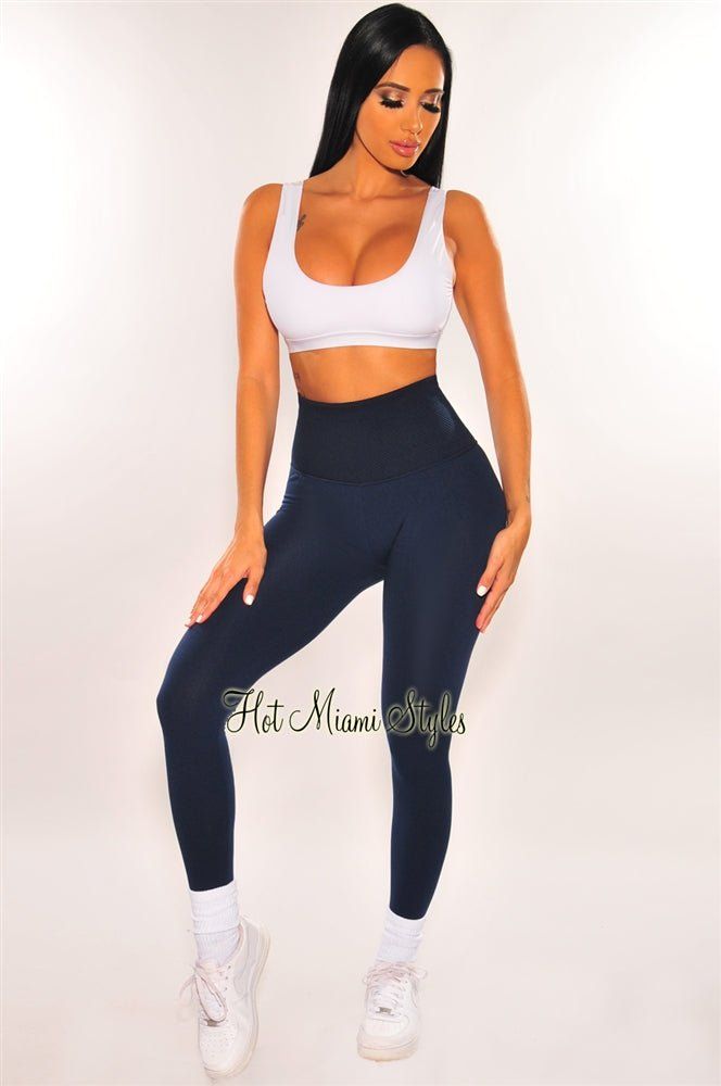 HMS Lounge: Navy Textured Waistband High Waist Fleece Lined Leggings sold by Hot Miami Styles