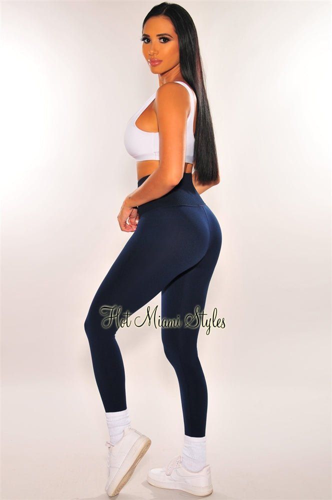 HMS Lounge: Navy Textured Waistband High Waist Fleece Lined Leggings sold by Hot Miami Styles product image thumbnail 2