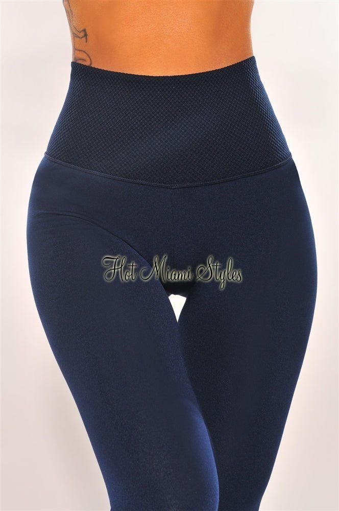 HMS Lounge: Navy Textured Waistband High Waist Fleece Lined Leggings sold by Hot Miami Styles product image thumbnail 3
