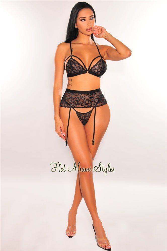 Black Lace Strappy Thong Garter Belt Lingerie Three Piece Set sold by Hot Miami Styles product image thumbnail 3