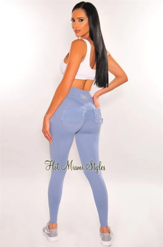 HMS Fit: Dusty Blue Scrunch Pockets Butt Lifting High Waist Leggings sold by Hot Miami Styles