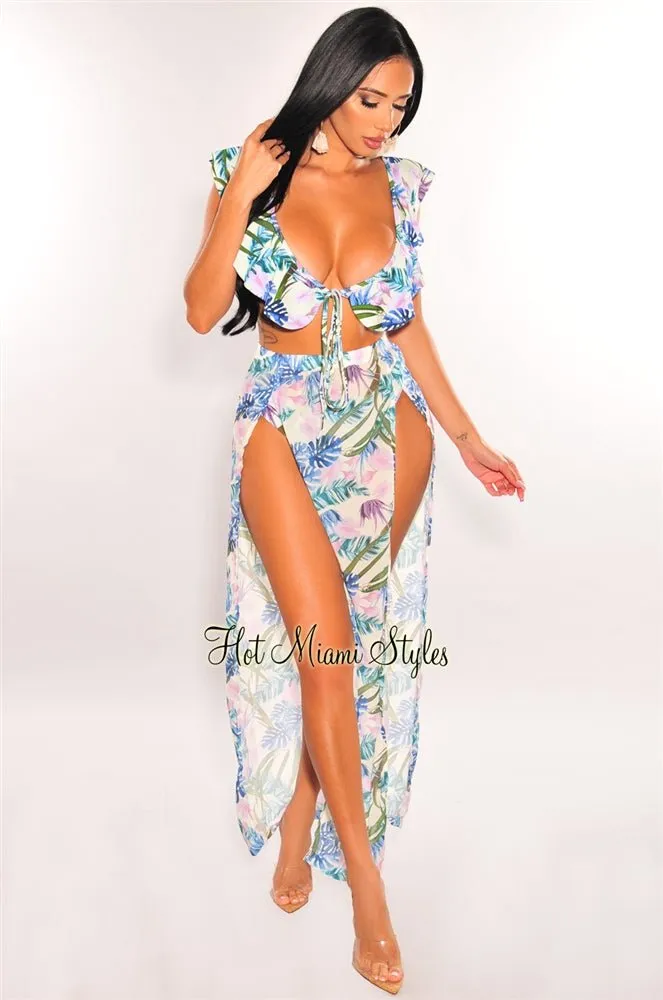 Palm Print Padded Ruffle Bikini Double Slit Skirt Three Piece Set sold by Hot Miami Styles product image thumbnail 4