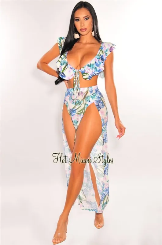 Palm Print Padded Ruffle Bikini Double Slit Skirt Three Piece Set sold by Hot Miami Styles