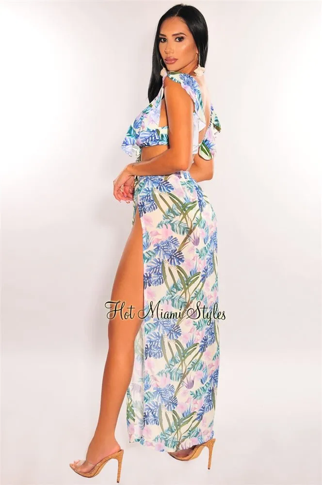 Palm Print Padded Ruffle Bikini Double Slit Skirt Three Piece Set sold by Hot Miami Styles product image thumbnail 5