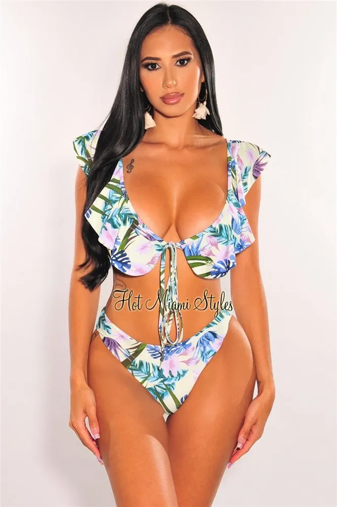 Palm Print Padded Ruffle Bikini Double Slit Skirt Three Piece Set sold by Hot Miami Styles product image thumbnail 2