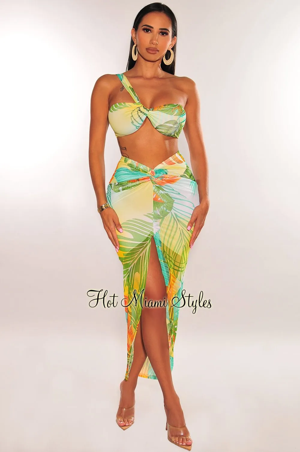 Green Tropical Print One Shoulder Knotted Slit Skirt Two Piece Set sold by Hot Miami Styles