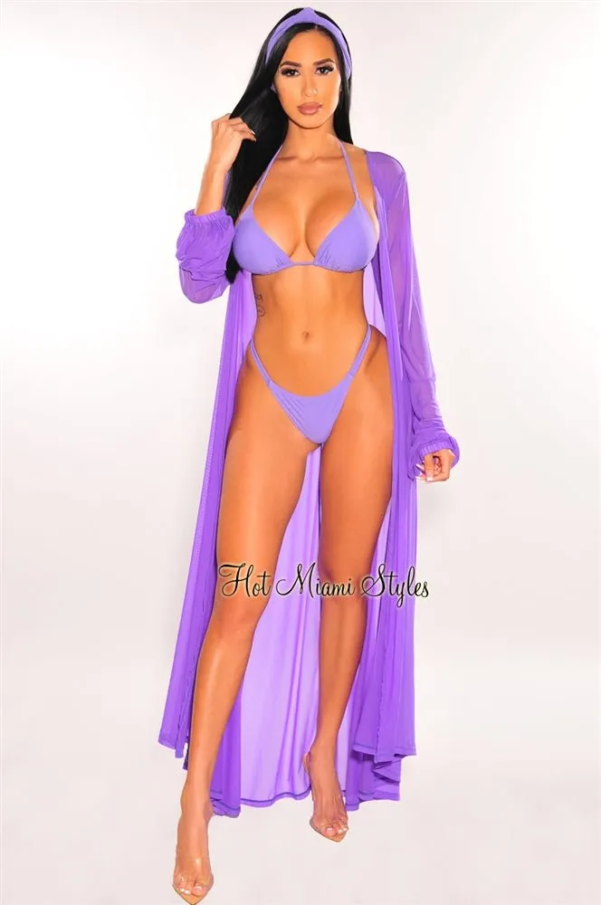 Purple Mesh Long Sleeves Belted Maxi Cover Up sold by Hot Miami Styles product image thumbnail 2