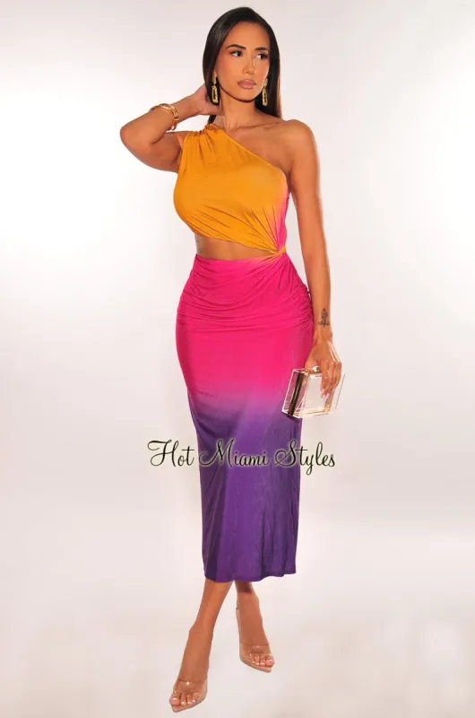 Sunset Ombre One Shoulder Cut out Ruched Dress sold by Hot Miami Styles