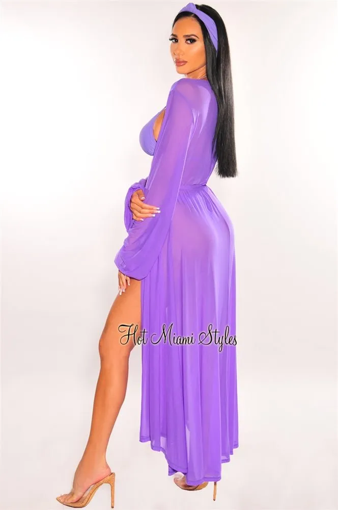 Purple Mesh Long Sleeves Belted Maxi Cover Up sold by Hot Miami Styles product image thumbnail 3