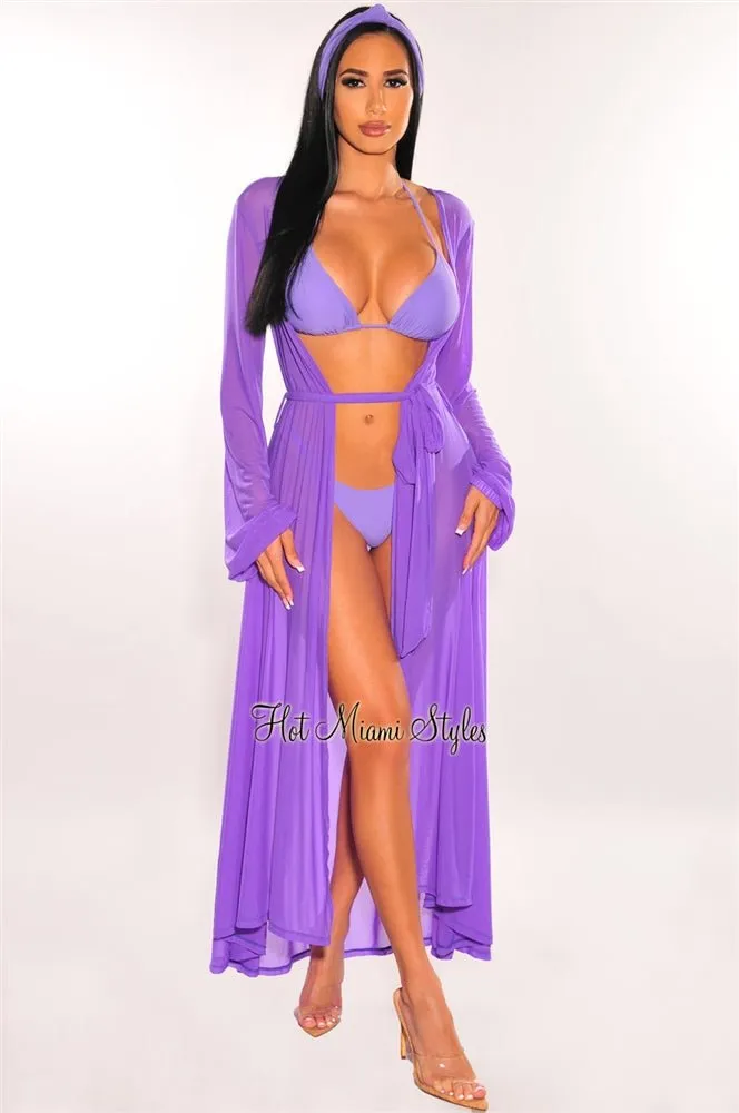 Purple Mesh Long Sleeves Belted Maxi Cover Up sold by Hot Miami Styles