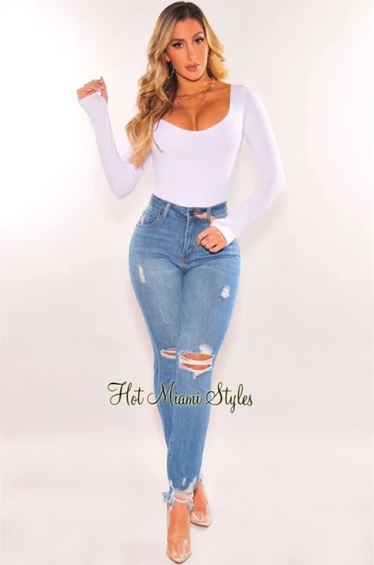 Denim Distressed Hem High Waist Jeans sold by Hot Miami Styles
