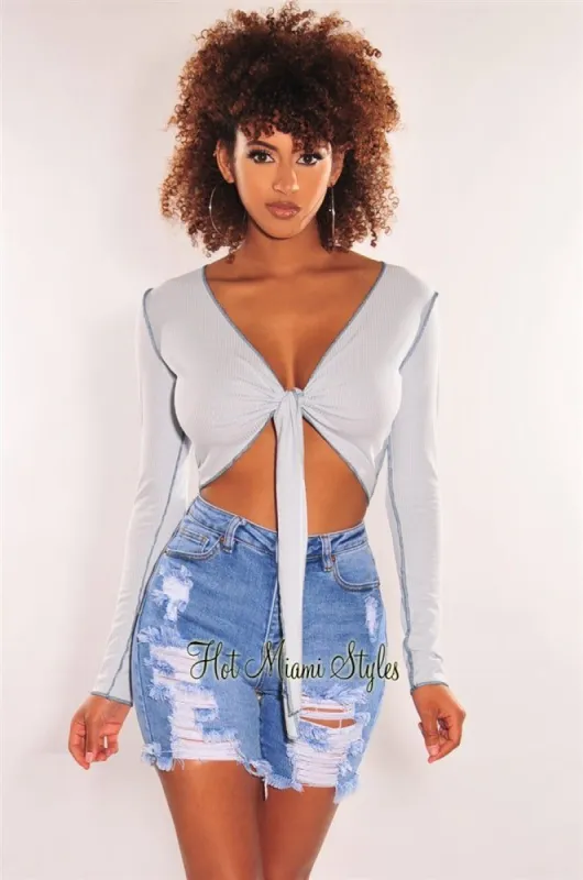 Baby Blue Ribbed Exposed Seams Tie Up Long Sleeve Top sold by Hot Miami Styles