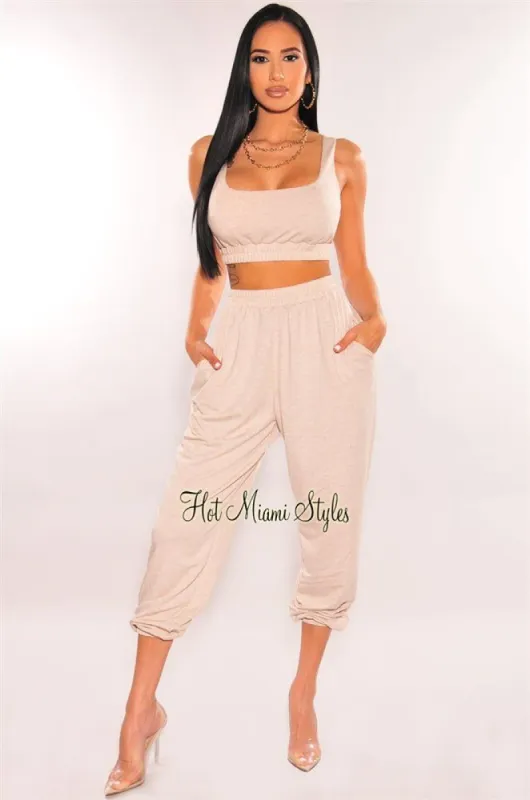 HMS Lounge: Sand Cropped Tank Joggers Two Piece Set sold by Hot Miami Styles