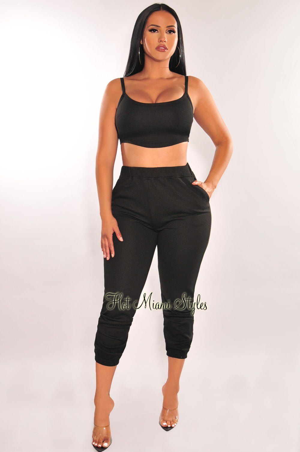 HMS Lounge: Black Textured Tank Joggers Pants Two Piece Set sold by Hot Miami Styles