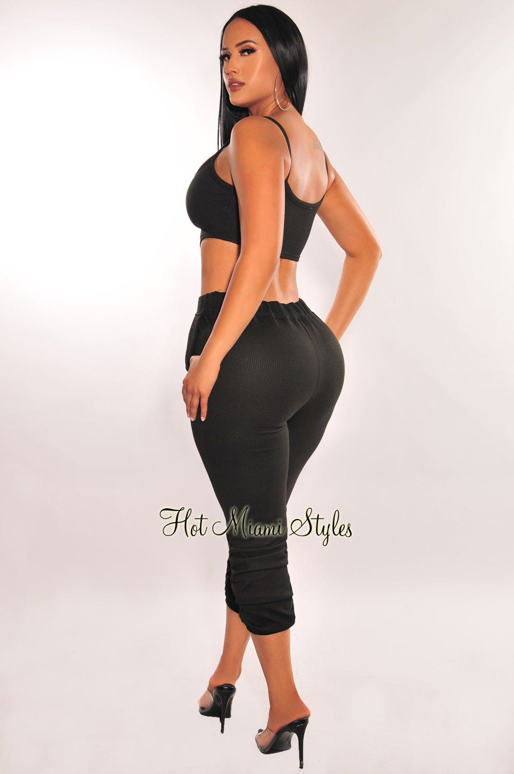 HMS Lounge: Black Textured Tank Joggers Pants Two Piece Set sold by Hot Miami Styles product image thumbnail 2