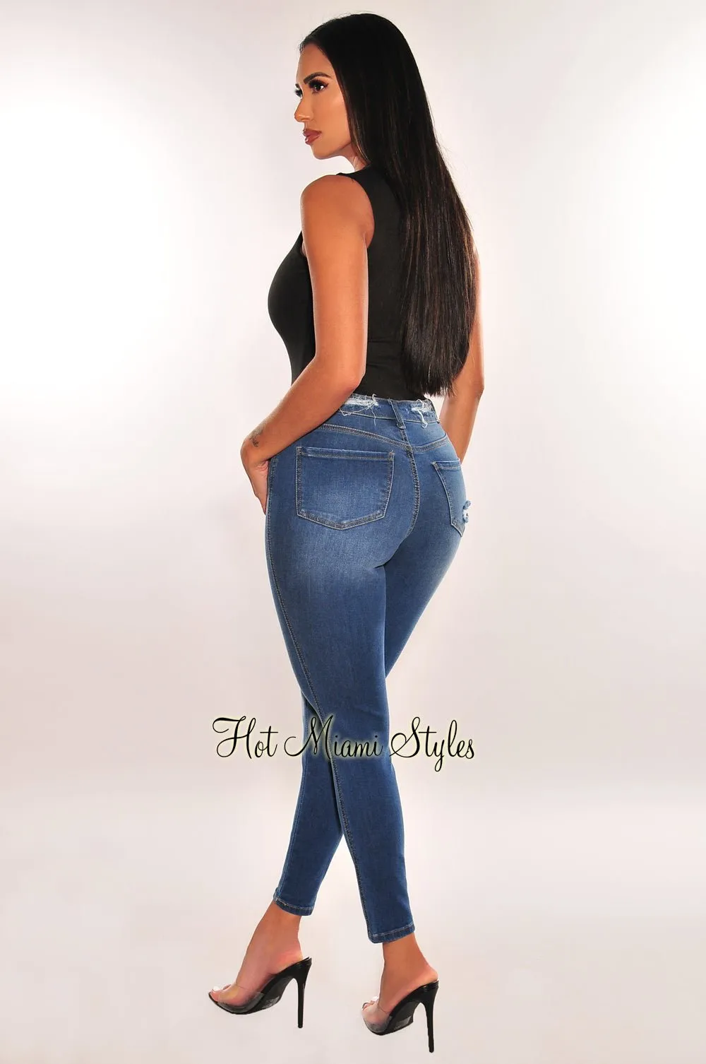 Dark Denim High Waist Ripped Skinny Jeans sold by Hot Miami Styles product image thumbnail 2