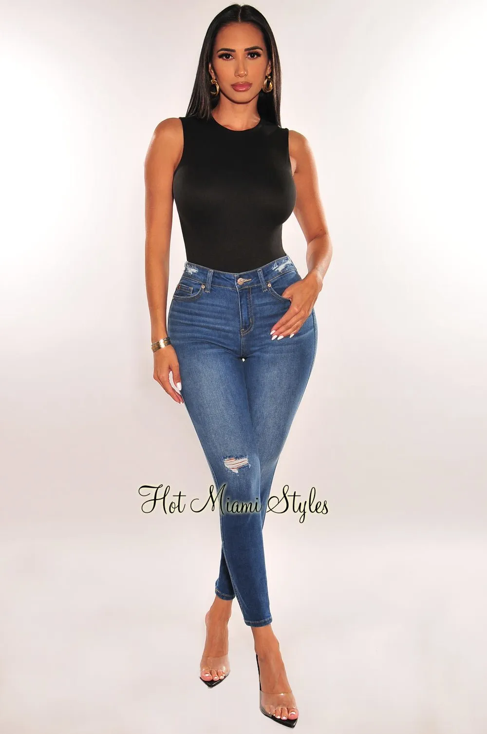 Dark Denim High Waist Ripped Skinny Jeans sold by Hot Miami Styles