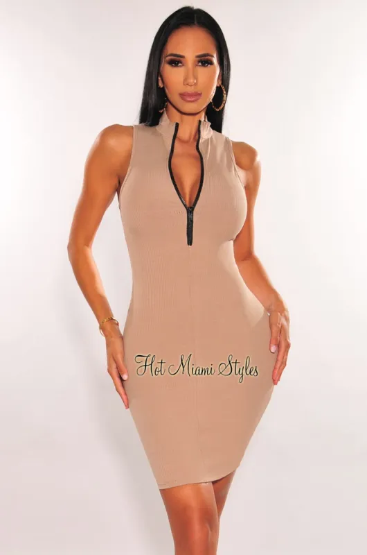 Taupe Ribbed Zipper Sleeveless Bodycon Dress sold by Hot Miami Styles