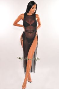 Black Mesh Sheer Sleeveless Drawstring Side Slits Cover Up Dress sold by Hot Miami Styles