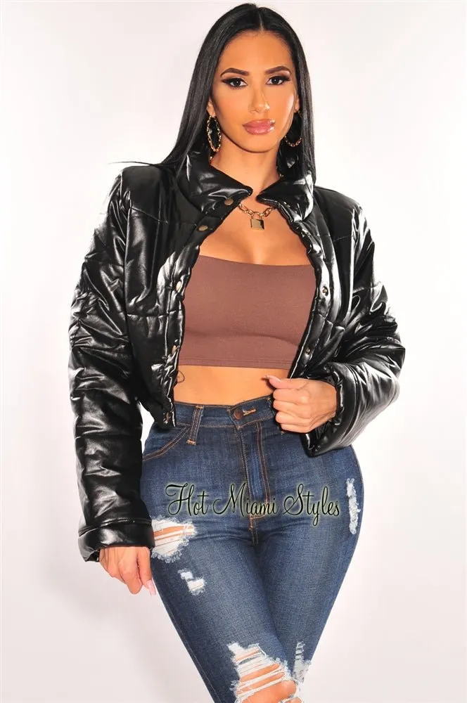 Black Faux Leather Button Up Cropped Bomber Jacket sold by Hot Miami Styles