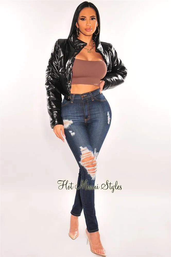 Black Faux Leather Button Up Cropped Bomber Jacket sold by Hot Miami Styles product image thumbnail 3