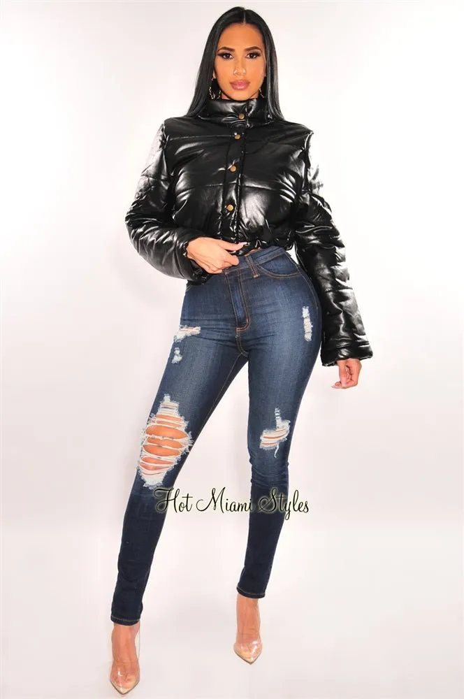 Black Faux Leather Button Up Cropped Bomber Jacket sold by Hot Miami Styles product image thumbnail 4