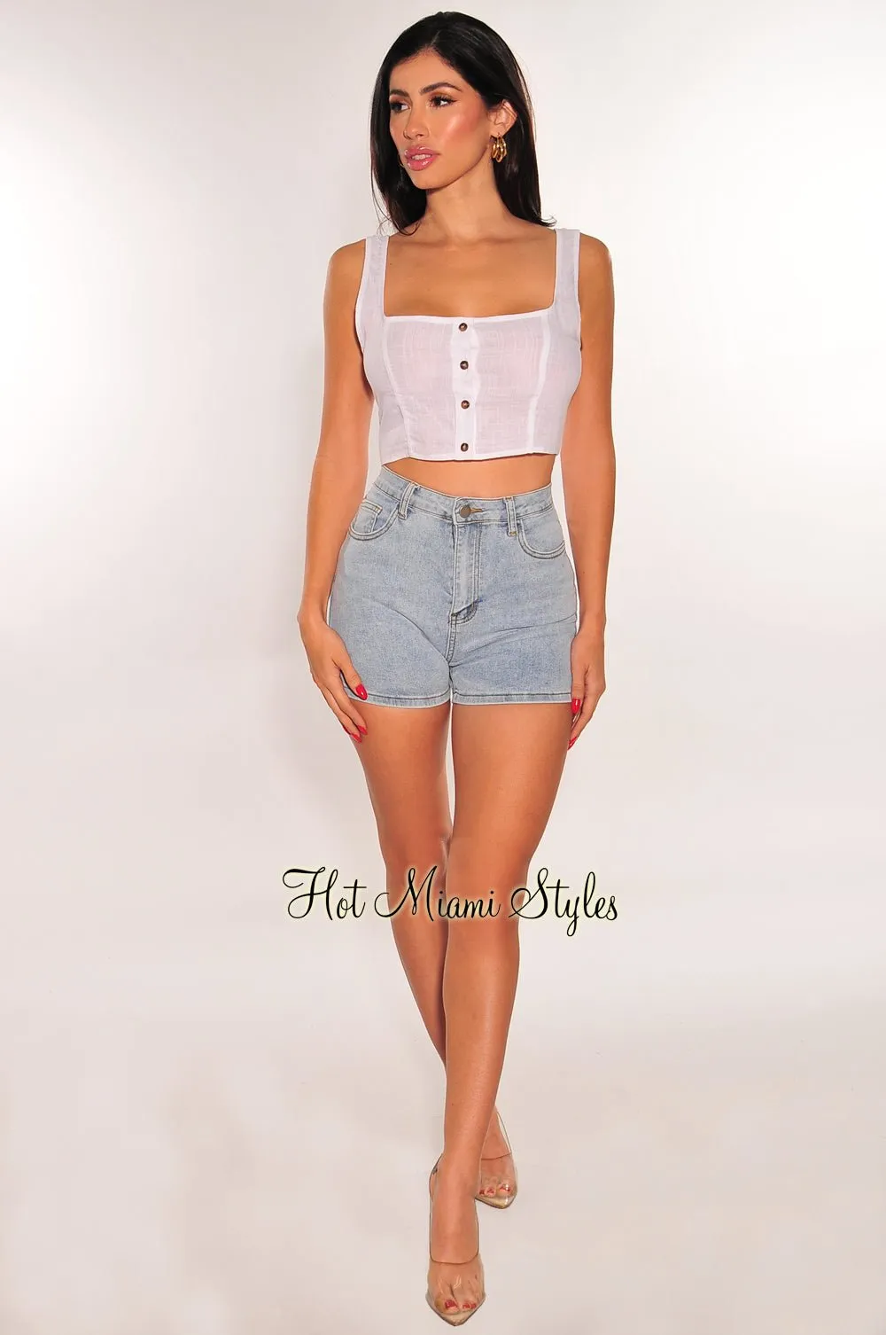 White Linen Square Neck Sleeveless Button Up Crop Top sold by Hot Miami Styles product image thumbnail 3