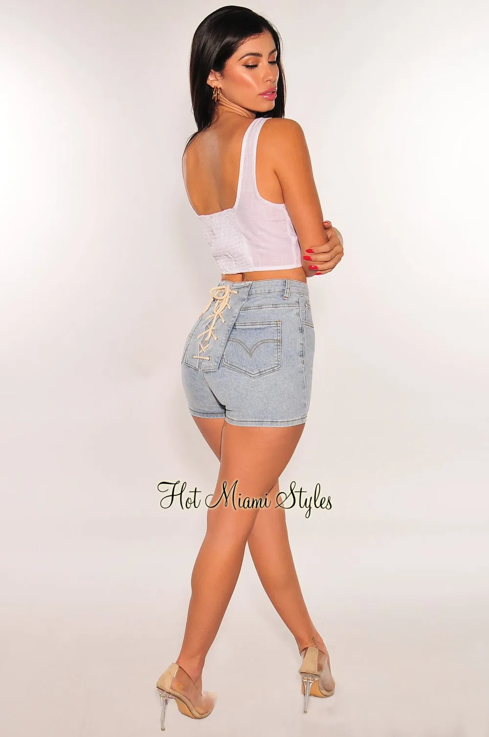 White Linen Square Neck Sleeveless Button Up Crop Top sold by Hot Miami Styles product image thumbnail 4