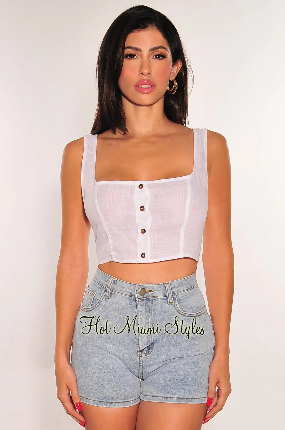 White Linen Square Neck Sleeveless Button Up Crop Top sold by Hot Miami Styles