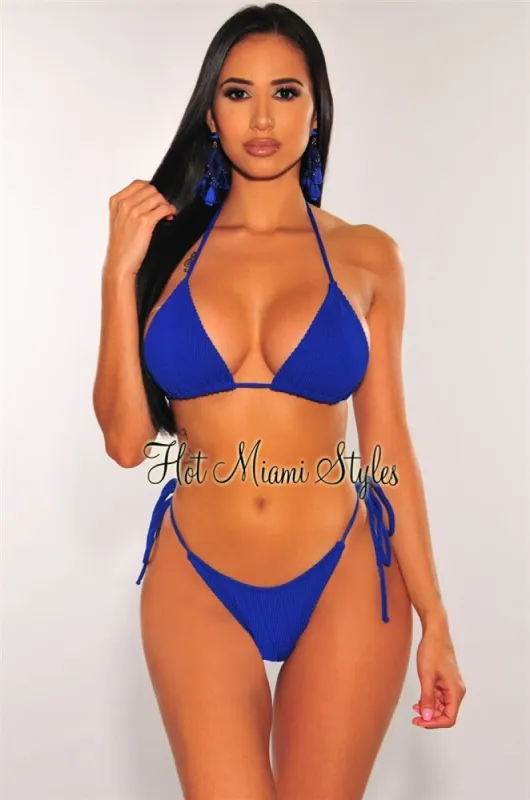 Royal Blue Ribbed Triangle Adjustable Thong Bikini Bottom sold by Hot Miami Styles