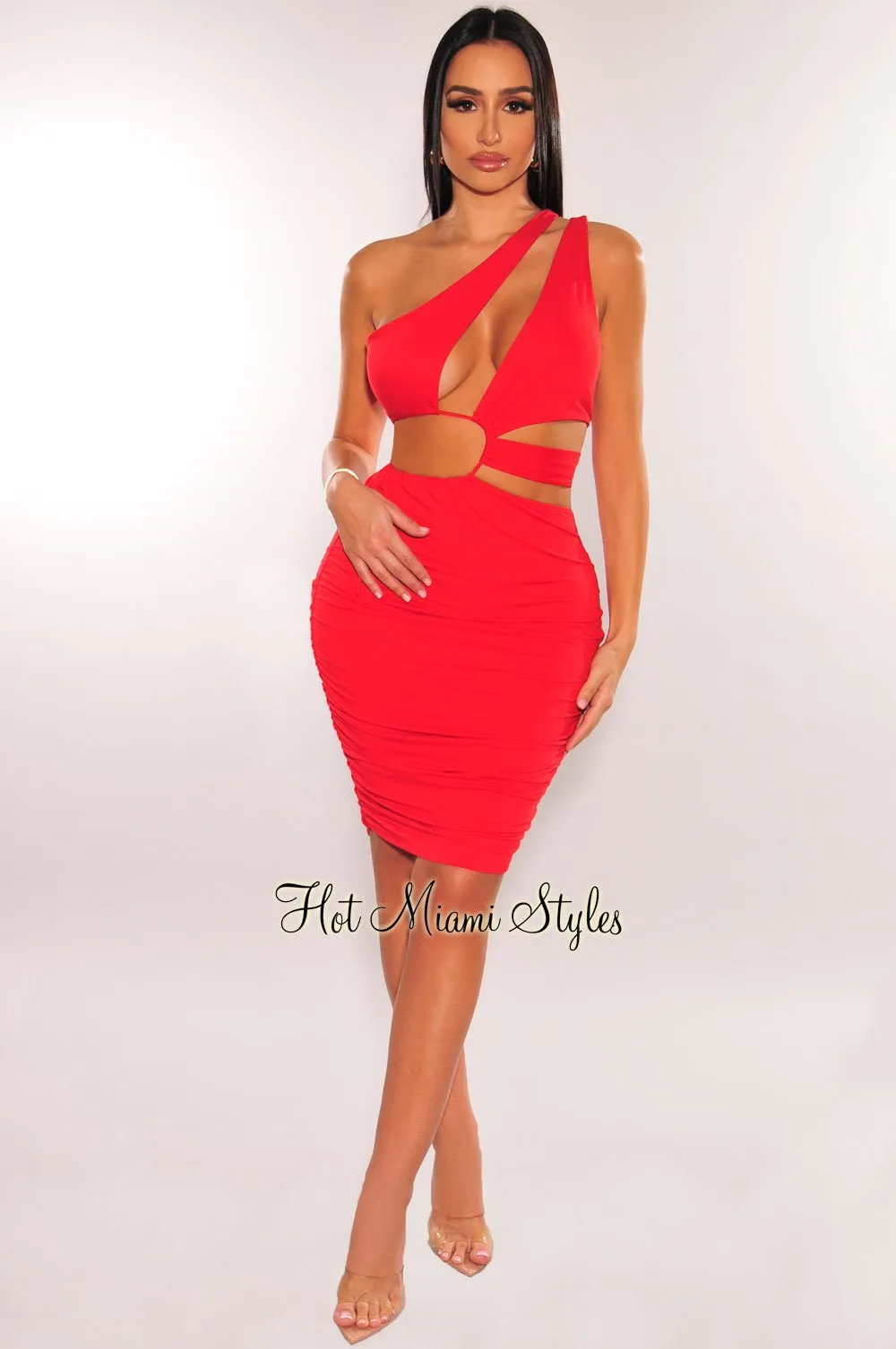 Red One Shoulder Cut Out Strap Drawstring Ruched Mini Dress sold by Hot Miami Styles product image thumbnail 4